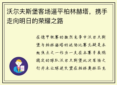 沃尔夫斯堡客场逼平柏林赫塔，携手走向明日的荣耀之路