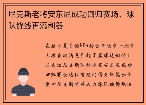 尼克斯老将安东尼成功回归赛场，球队锋线再添利器