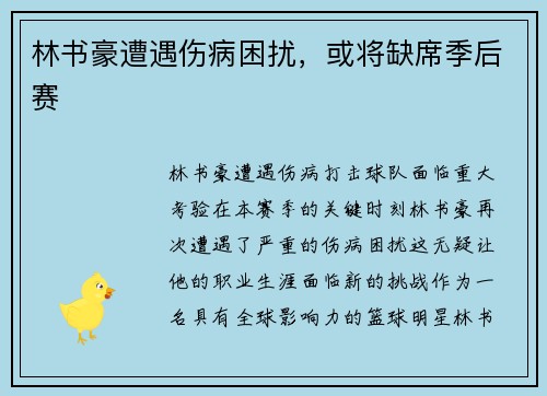 林书豪遭遇伤病困扰，或将缺席季后赛