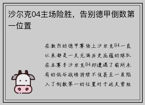 沙尔克04主场险胜，告别德甲倒数第一位置