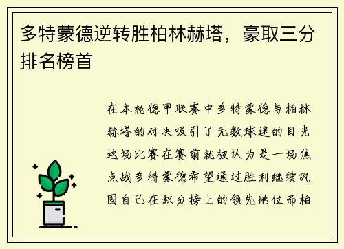 多特蒙德逆转胜柏林赫塔，豪取三分排名榜首