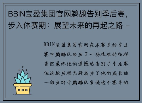 BBIN宝盈集团官网鹈鹕告别季后赛，步入休赛期：展望未来的再起之路 - 副本